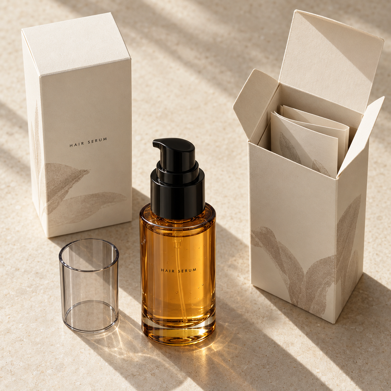 헤어세럼 패키지 디자인 — 앰버 보틀·펌프 용기·단상자 콘셉트 — PeachBond