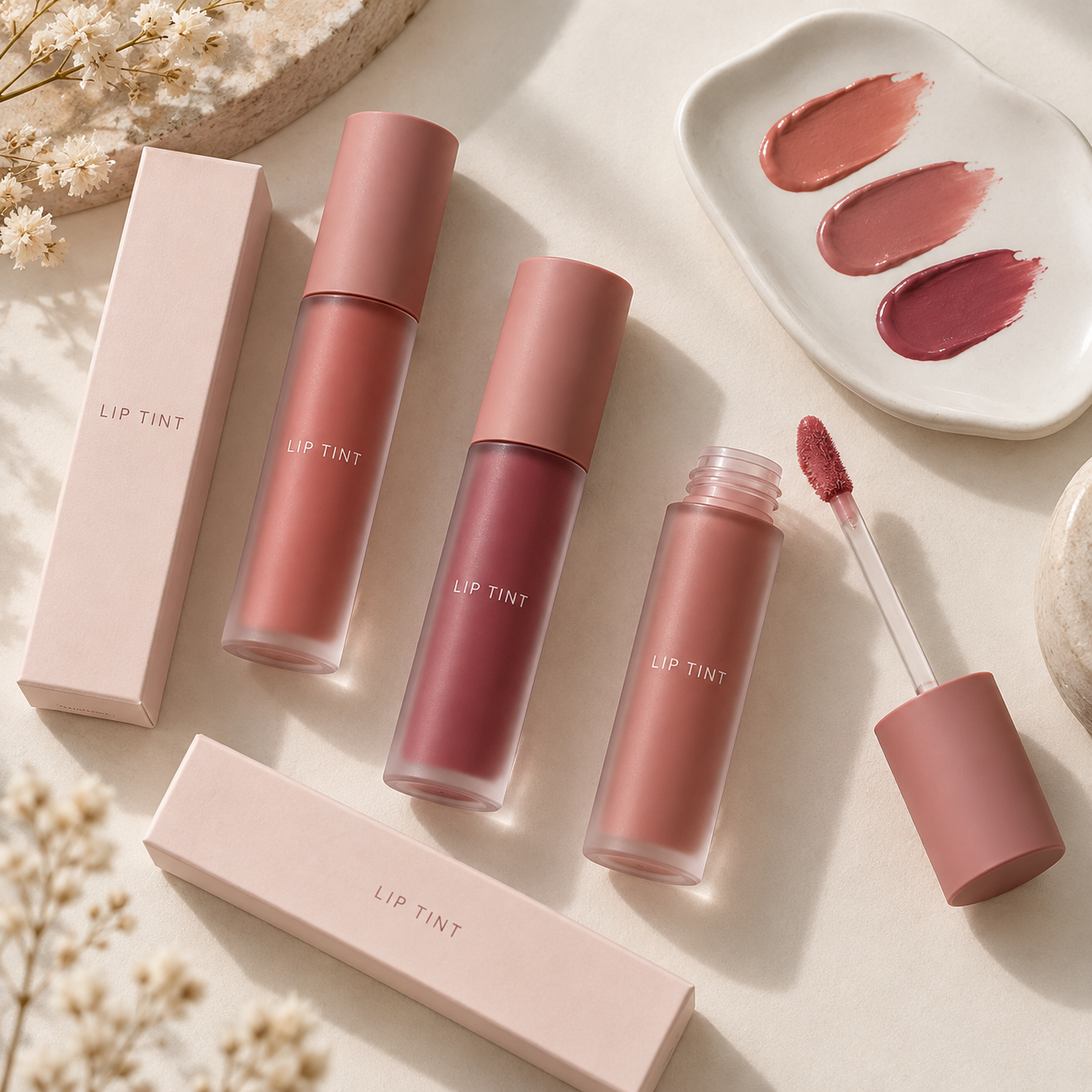 립틴트 용기 디자인 — 로즈·코랄 컬러와 화장품 단상자 패키지 — PeachBond