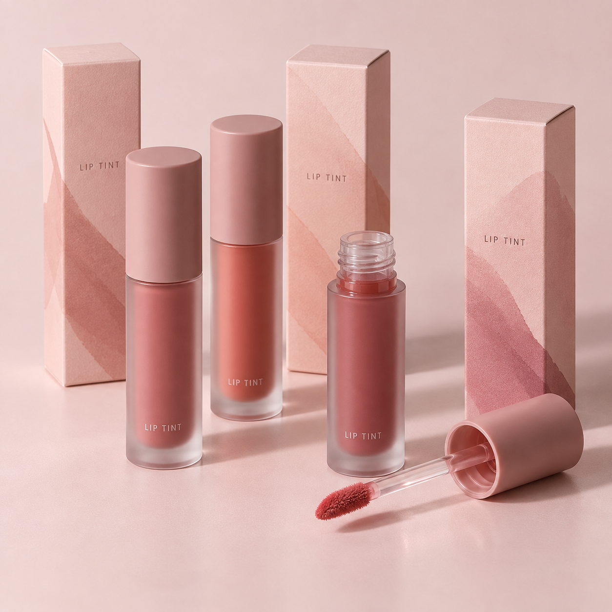 립틴트 용기 디자인 — 로즈·코랄 컬러와 화장품 단상자 패키지 — PeachBond (2/3)
